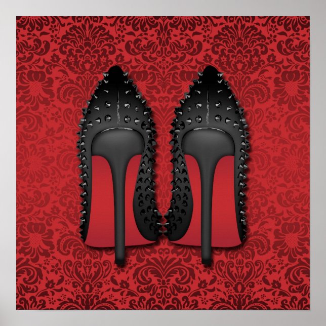 Stilettos im roten Damast-Hintergrund Poster (Vorne)