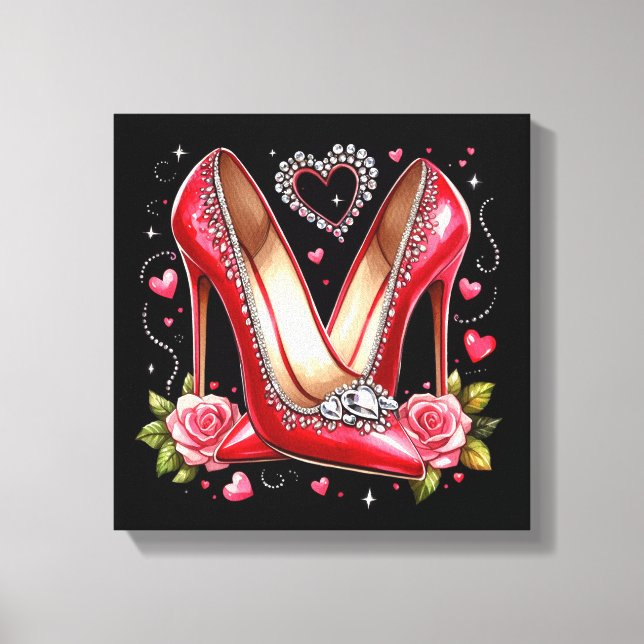 Stilettos, Rose und Herzen Leinwanddruck (Vorderseite)