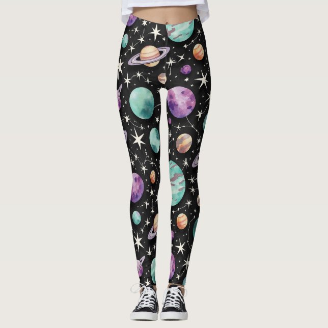 Stilftige Planeten mit Ringen nahtlos Muster Leggings (Vorderseite)