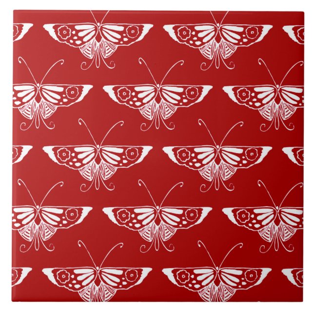 Stilftiger Deko-Schmetterling - dunkelrot und weiß Fliese (Vorderseite)