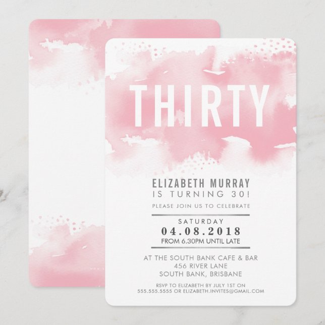 STILISCH 30. Geburtstag INVITE Aquarellrot Rosa Einladung (Vorne/Hinten)