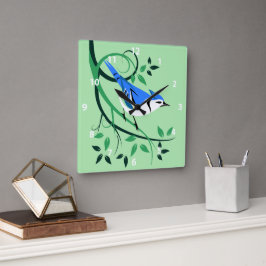 Stilisierte Bird Art Blue Jay Quadratische Wanduhr