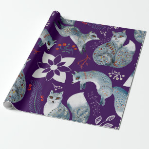 Stilisierte blaue Füchse mit aufwendigen floralen  Geschenkpapier