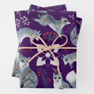 Stilisierte blaue Füchse mit aufwendigen floralen  Geschenkpapier Set