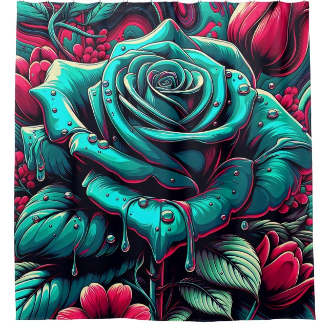"Stilisierte blaue Rose mit Raindrops" Duschvorhang (Vorderseite)