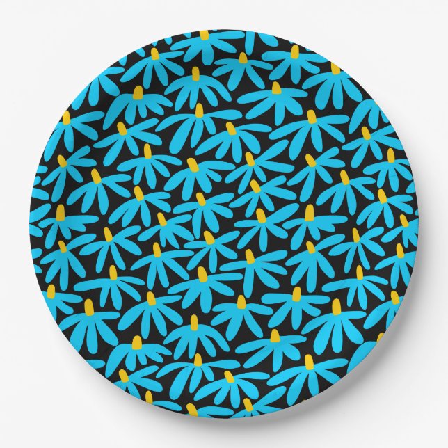 Stilisierte Blume - Sky Blue und Amber auf Black Pappteller (Vorderseite)