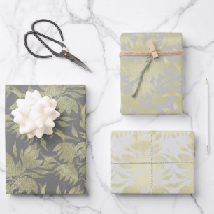 Stilisierte Blumen Art Deco Golden und Grau Geschenkpapier Set