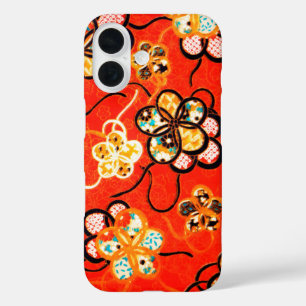 STILISIERTE BLUMEN, SCHWARZE WEISSE BÄNDER HELLROT iPhone 16 HÜLLE