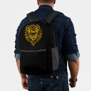 Stilisierte Gold-Bison-Illustration in Naturstimmu Bedruckter Rucksack