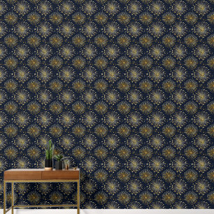 stilisierte Goldfolie, Blumen auf Mitternachtsblau Tapete