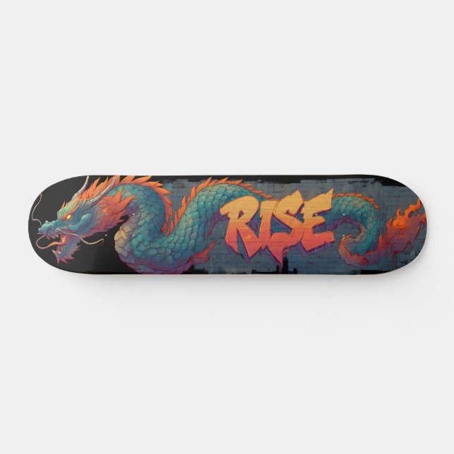 Stilisierte Graffiti Dragon Mural mit Bold 'RISE' Skateboard (Horizontal)