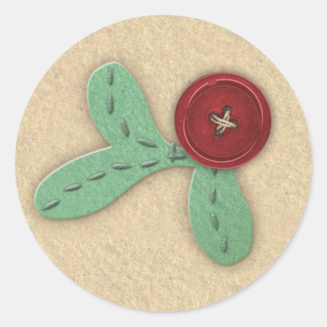 Stilisierte Holly Sprig Imitate Felt & Stickerei Runder Aufkleber (Vorderseite)
