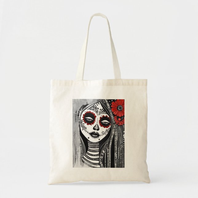 Stilisierte La Catrina Tote Tasche in rot, schwarz (Vorne)