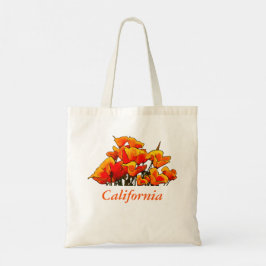 Stilisierte Mohnkunst mit "California" Text Tote B Tragetasche