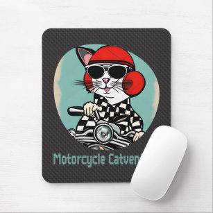 Stilisierte Motorkatze - Roter Helm und Brille Mousepad