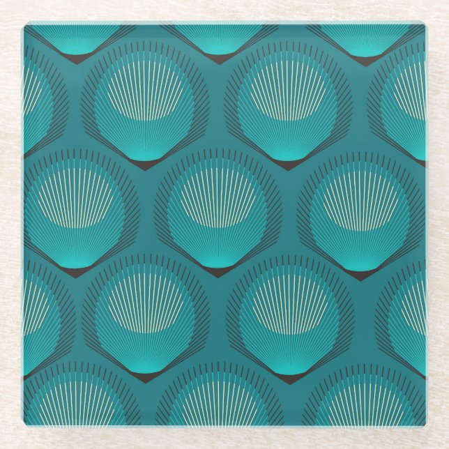 Stilisierte Peacock Feathers Blue Tile Glasuntersetzer (Vorderseite)