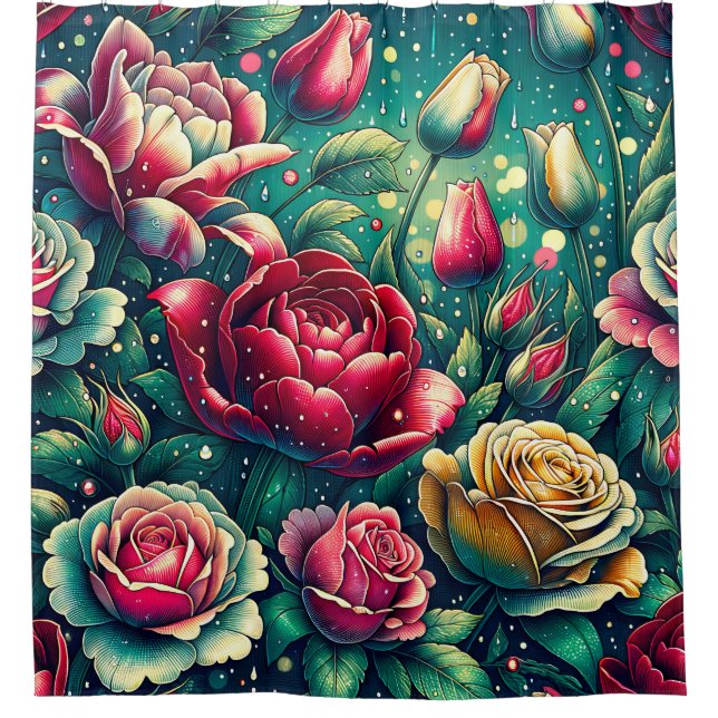 "Stilisierte Rote Rosen mit Raindrops" Duschvorhang (Vorderseite)
