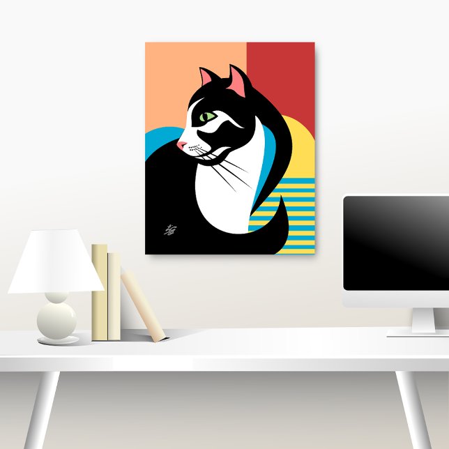 stilisierte Schwarz-Weiß-Katzenkunst Poster (Abstract cat art over desk)