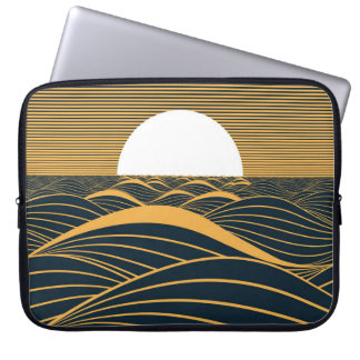 Stilisierte Sonne-Mond, dunkle Meeresdarstellung. Laptopschutzhülle