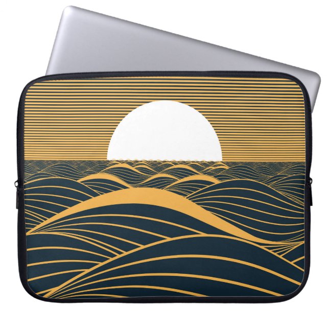 Stilisierte Sonne-Mond, dunkle Meeresdarstellung. Laptopschutzhülle (Vorderseite)