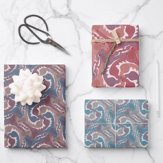 Stilisierte Swirling Hares Tesselung 3 Farben WPS3 Geschenkpapier Set (Vorderseite)