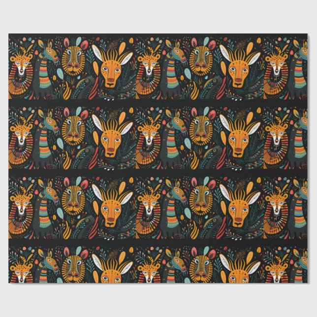 Stilisierte Tiere auf schwarzem Hintergrund Geschenkpapier (Flach)