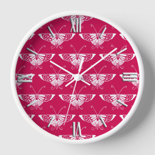 Stilisierter Deco-Schmetterling - fuchsia rosa Wanduhr