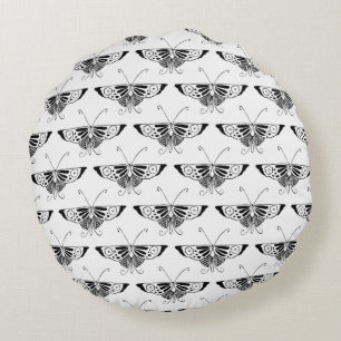 Stilisierter Deco-Schmetterling - schwarz und weiß Rundes Kissen