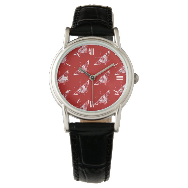 Stilisierter Deko-Schmetterling - chinesisch-rot Armbanduhr (Vorderseite)