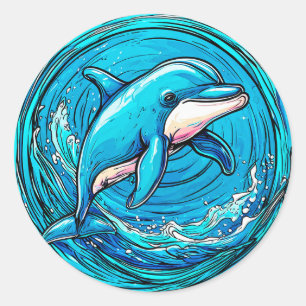 Stilisierter Delfin, der in lebendigen blauen Well Runder Aufkleber