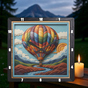 Stilisierter Heißluftballon-Flusstal Quadratische Wanduhr