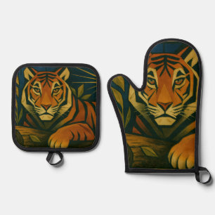 Stilisierter Tiger in Ziersonnenrahmen Ofenhandschuh & Topflappen-Set