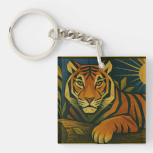 Stilisierter Tiger in Ziersonnenrahmen Schlüsselanhänger