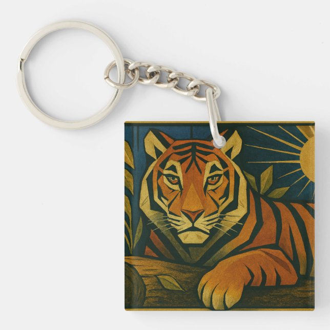 Stilisierter Tiger in Ziersonnenrahmen Schlüsselanhänger (Vorderseite)