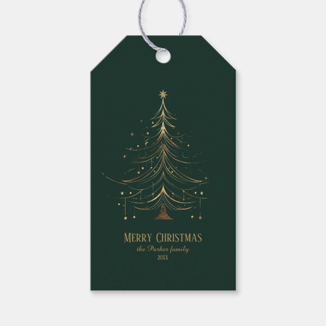 Stilisierter Weihnachtsbaum in Gold auf dunklem Hi Geschenkanhänger (Vorderseite)