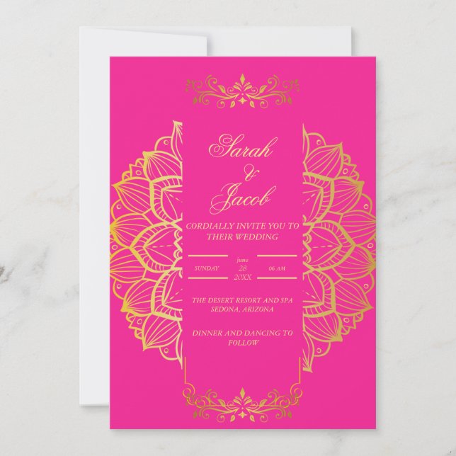 stilistische Magenta- und Goldhochzeit Einladung (Vorderseite)