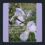 Still and Silent Inspirational Quote Purple Iris Quadratische Wanduhr<br><div class="desc">Still and Silent Inspirational Quote Purple Iris design. A glorious design to compliment any decor,  taken from my own writing. Designed from my original watercolor paintings,  that I painted from my own flower garden.</div>
