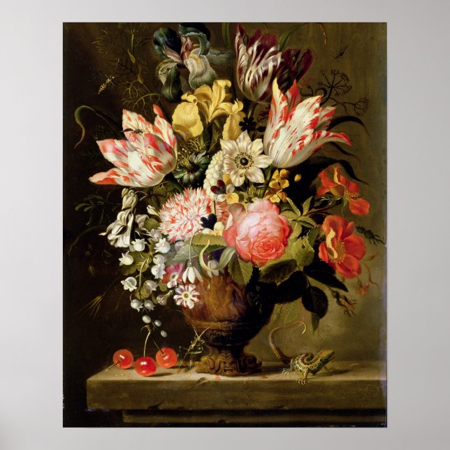 Still Life of Flowers in a Vase with a Lizard Poster (Vorne)