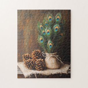 Still Life Peacock Feathones Pinecones