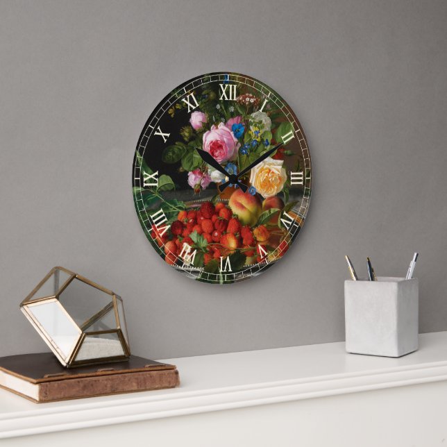 Still Life Rose und Erdbeeren von Otto Ottesen Große Wanduhr (Büro)