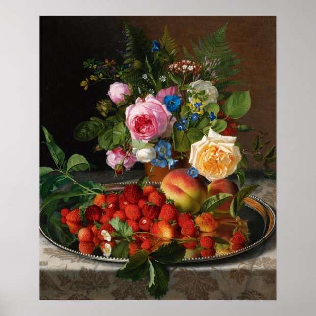 Still Life Rose und Erdbeeren von Otto Ottesen Poster (Vorne)
