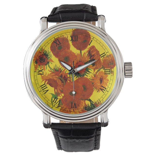 Still Life Vase w 15 Sonnenblumen Vincent van Gogh Armbanduhr (Vorderseite)