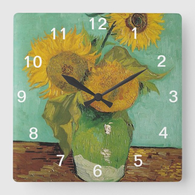 still life - vase with three sunflowers, van Gogh Quadratische Wanduhr (Vorderseite)