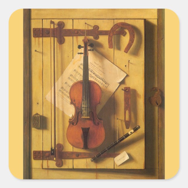 Still Life Violin and Music von William Harnett Quadratischer Aufkleber (Vorderseite)
