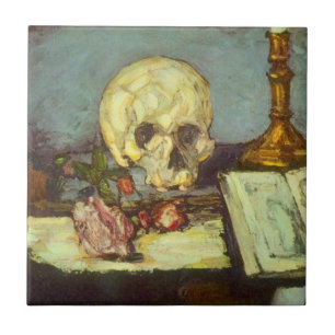 Still Life w Skull, Candle, Book by Paul Cezanne Fliese