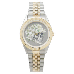 Stille Blüte: Schädel und weiße Lilien Armbanduhr