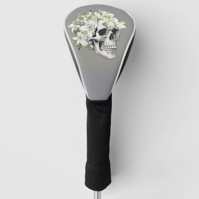 Stille Blüte: Schädel und weiße Lilien Golf Headcover (Vorderseite)