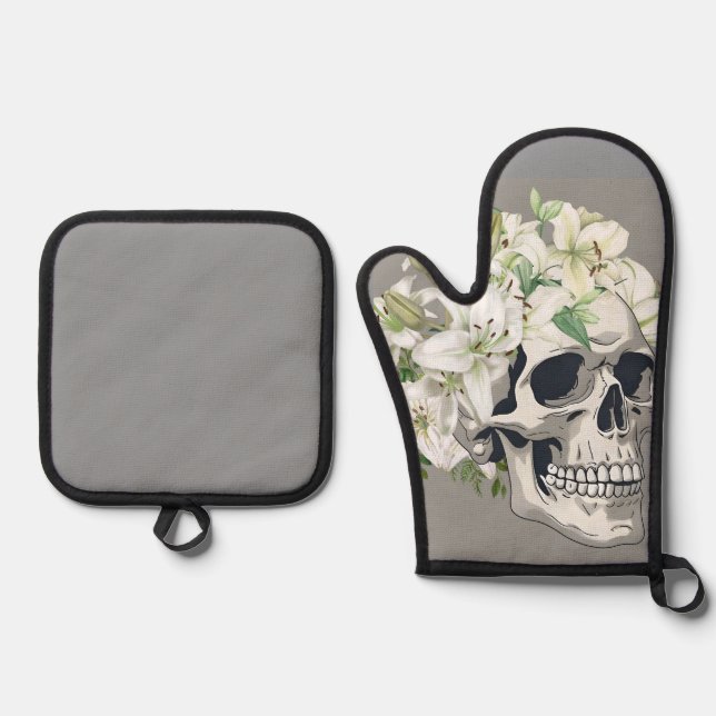 Stille Blüte: Schädel und weiße Lilien Ofenhandschuh & Topflappen-Set (Vorderseite)
