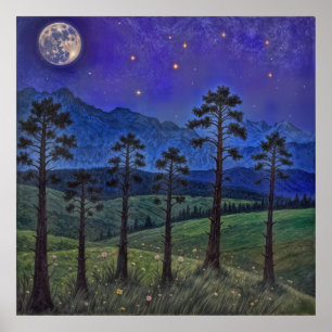 Stille Kiefern, kosmischer Tanz - Eine Waldlandsch Poster