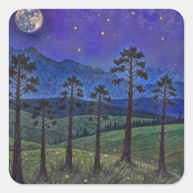 Stille Kiefern, kosmischer Tanz - Eine Waldlandsch Quadratischer Aufkleber (Vorderseite)